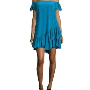 Cinq a sept minella blue satin off the shoulder ruffled party dress size 4